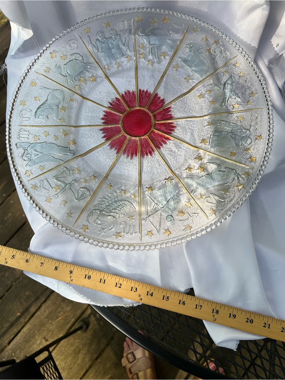 Vintage MCM Zodiac Glass Serving Platter with Red-Gold Sunburst ~14.5 Inch
